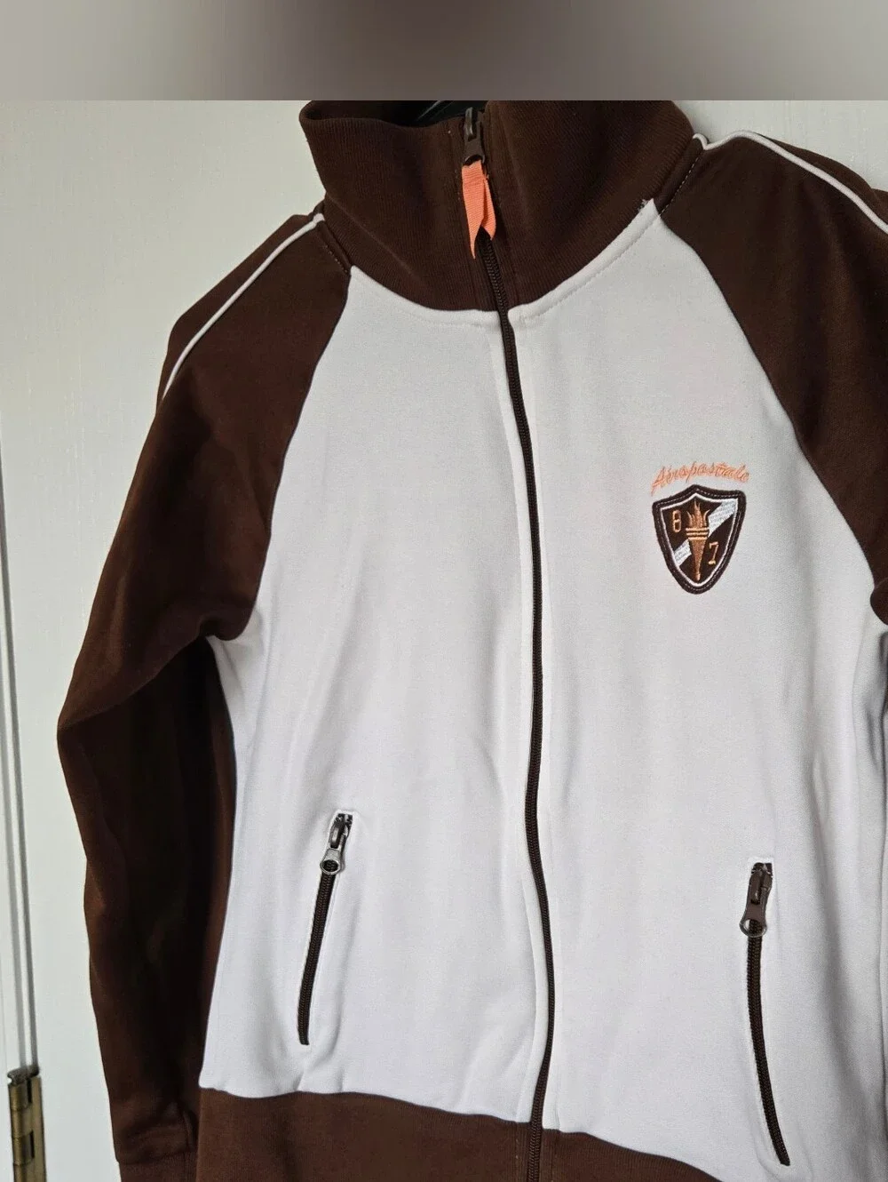 AEROPOSTLE | Y2K Two-Tone Brown and White Zip-Up Track Jacket